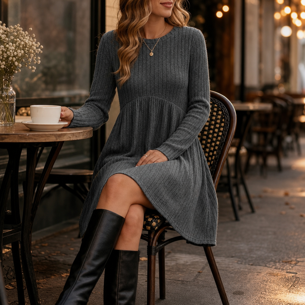 High-Waist Ribbed Knit A-Line Midi Dress