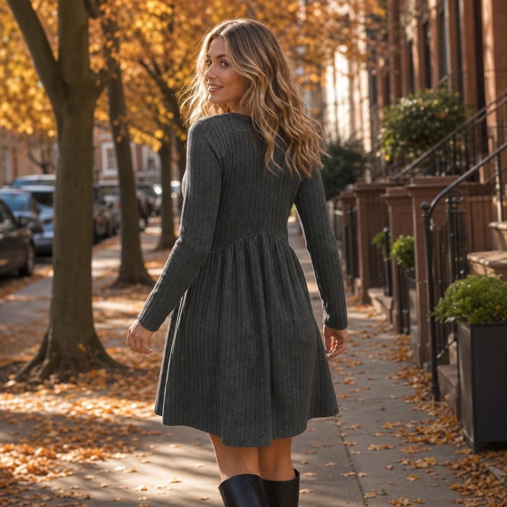 High-Waist Ribbed Knit A-Line Midi Dress