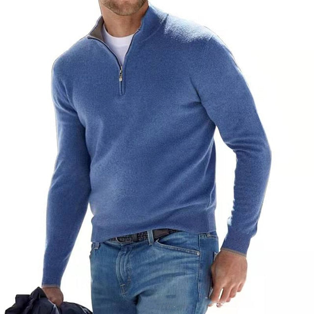 Men's Merino Wool Sweater with V-Neck and Zip Detail