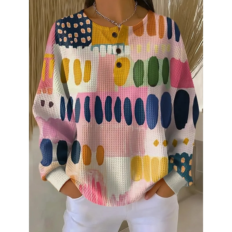 Button-Neck Print Sweatshirt