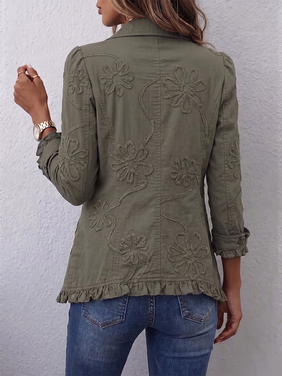 Boho Ruffled Utility Jacket with Floral Embroidery