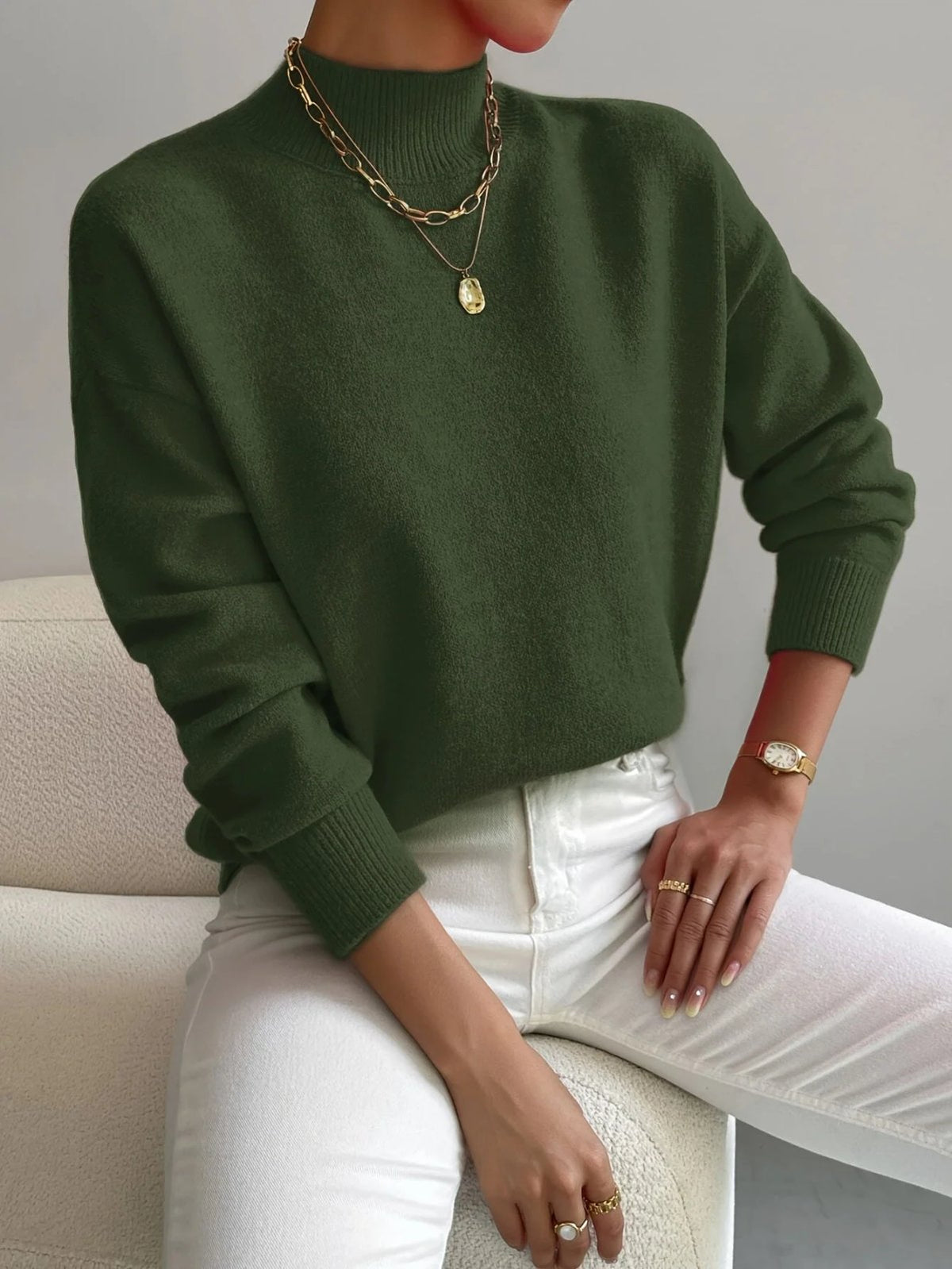 Sweater with High Neck and Ribbed Cuffs