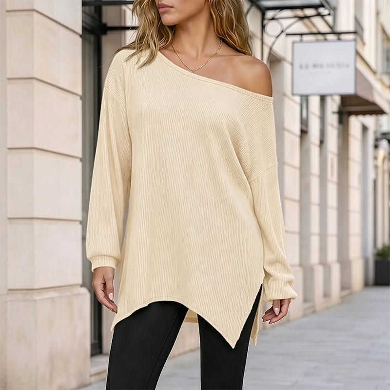 Off-Shoulder Blouse with Side Split – Flowing Drape & Modern Edge for Any Casual Occasion