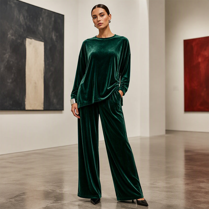 Women's Velvet Set – Long Sleeve Top & Wide Leg Trousers