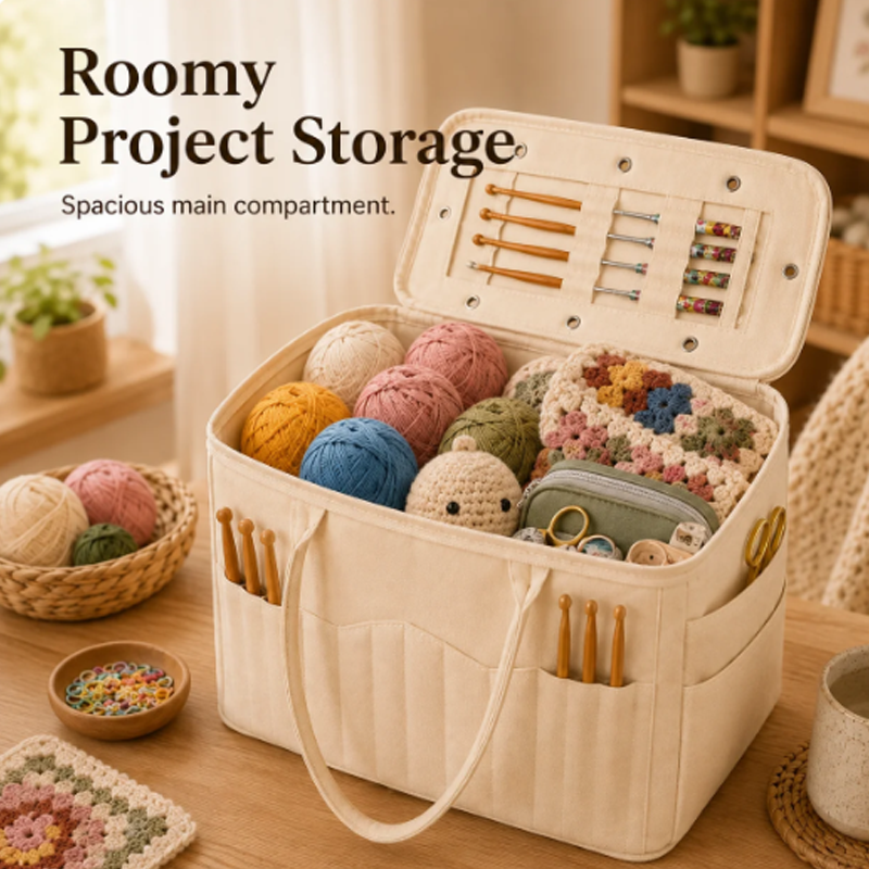 No More Tangled Yarn! Canvas Yarn Storage Bag with Needle Pockets