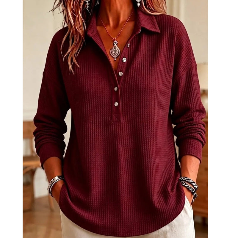Women's Waffle-Knit Collared Relaxed Long-Sleeve Top