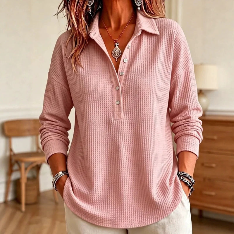 Women's Waffle-Knit Collared Relaxed Long-Sleeve Top