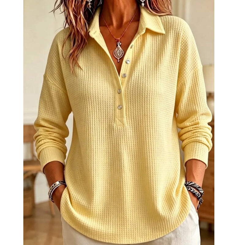 Women's Waffle-Knit Collared Relaxed Long-Sleeve Top