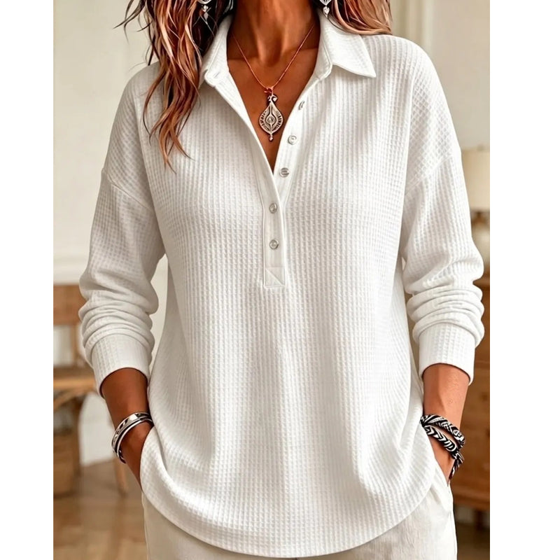 Women's Waffle-Knit Collared Relaxed Long-Sleeve Top