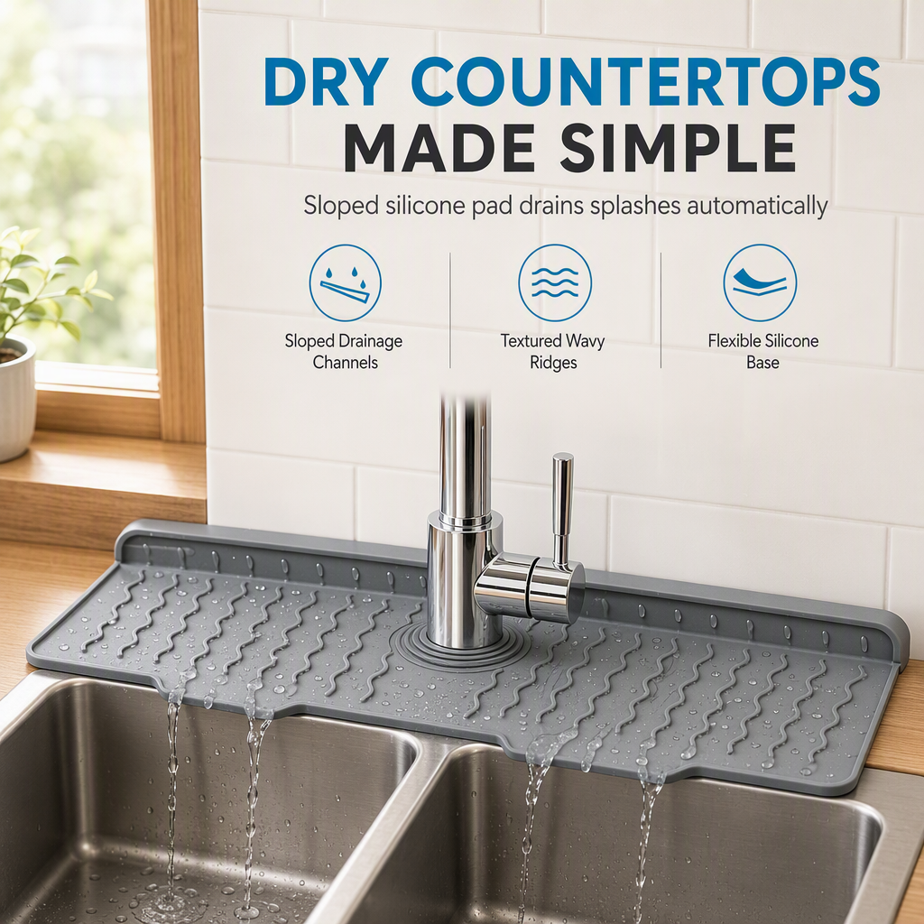 Trimmable Silicone Splash Guard Mat for Faucet – Self-Draining & Keeps Counter Dry