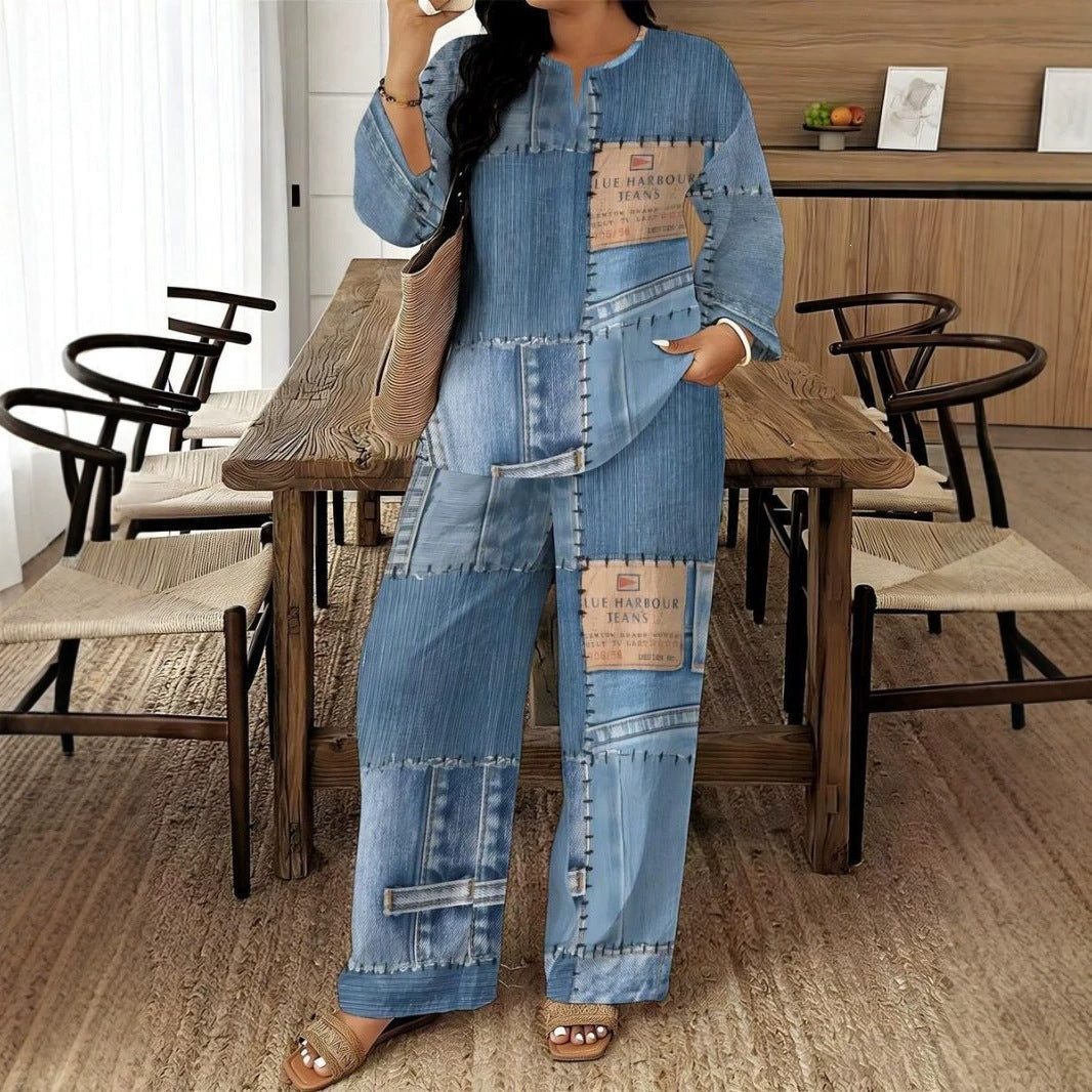Women's Patchwork Top & Wide-Leg Pants 2-Piece Set