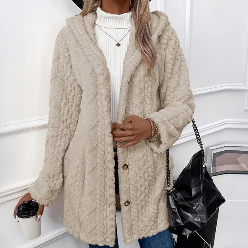 Women's Hooded Plush Fleece Button Jacket