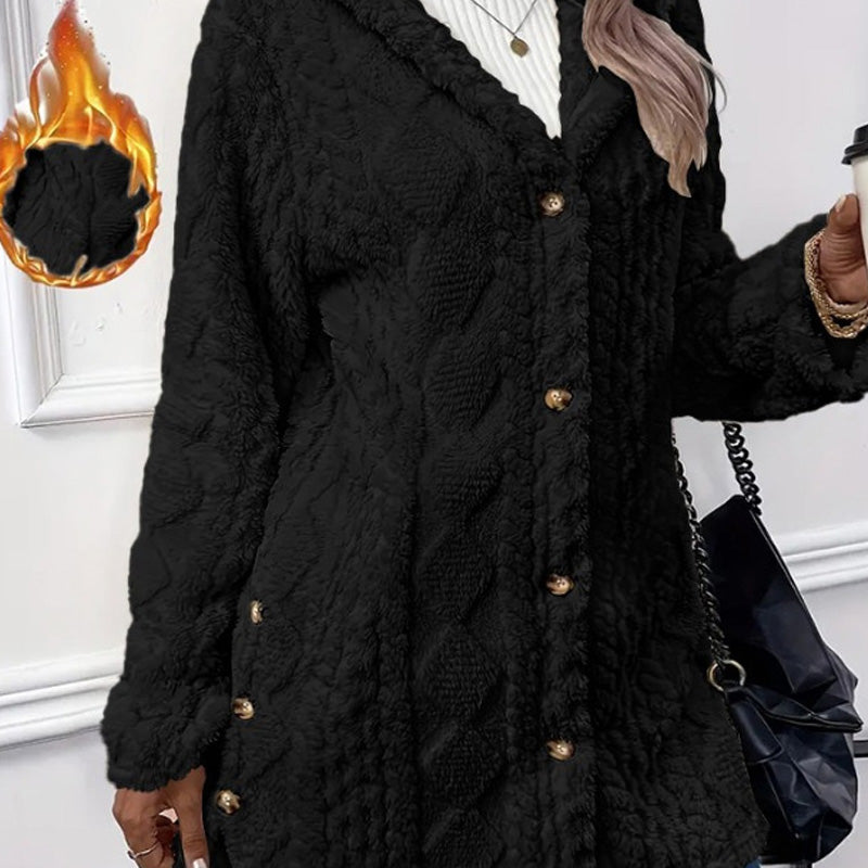 Women's Hooded Plush Fleece Button Jacket