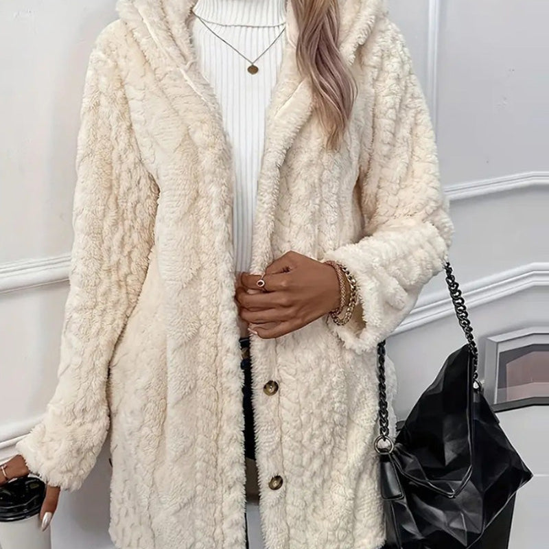 Women's Hooded Plush Fleece Button Jacket