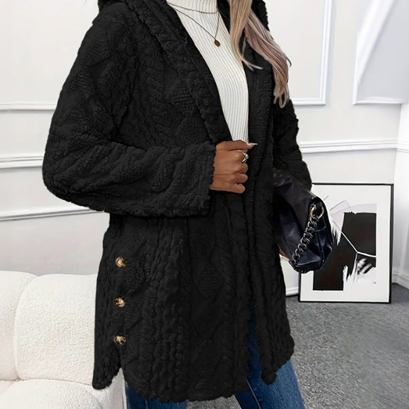 Women's Hooded Plush Fleece Button Jacket