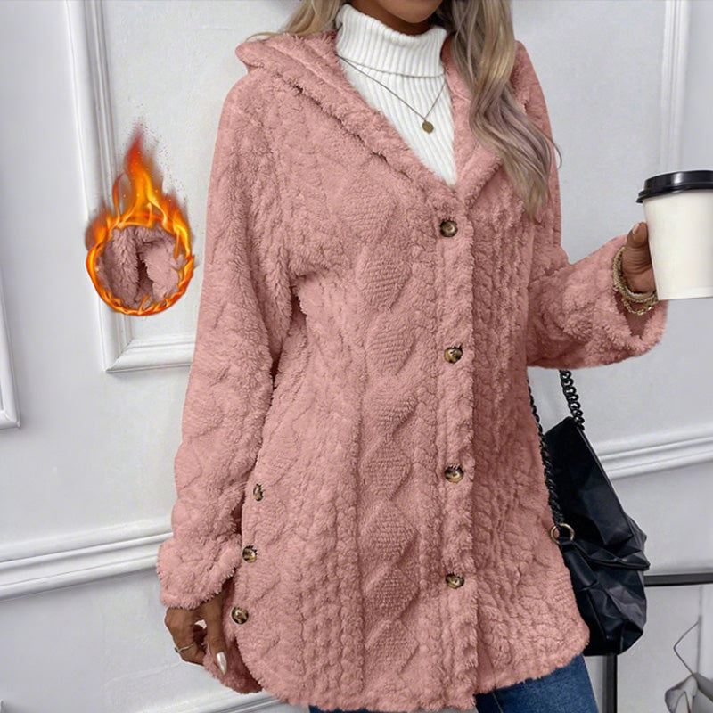 Women's Hooded Plush Fleece Button Jacket