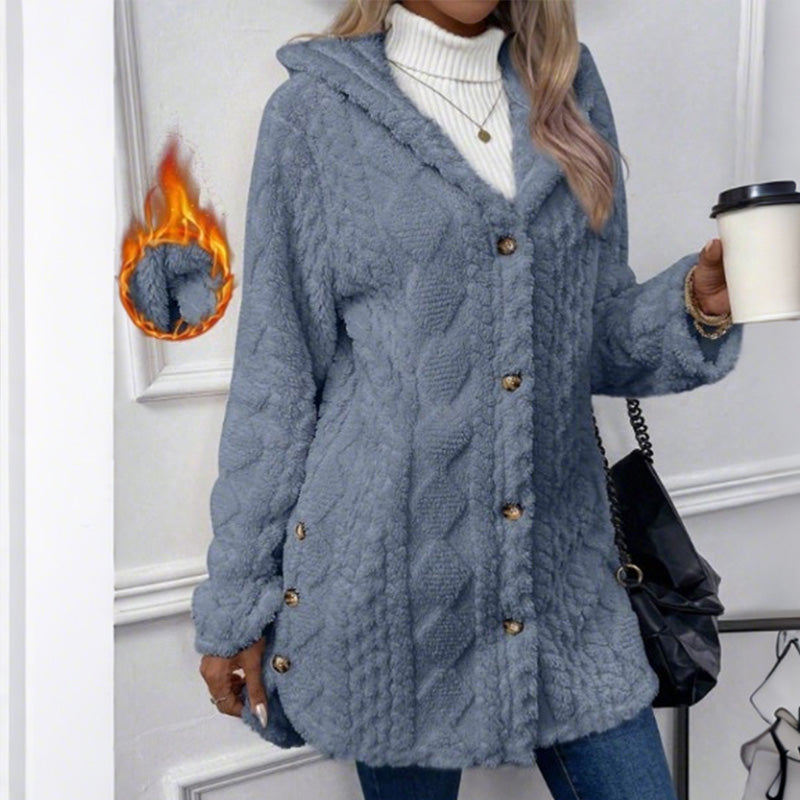 Women's Hooded Plush Fleece Button Jacket