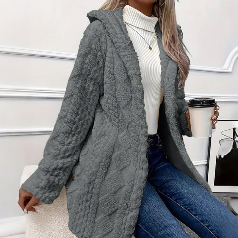 Women's Hooded Plush Fleece Button Jacket
