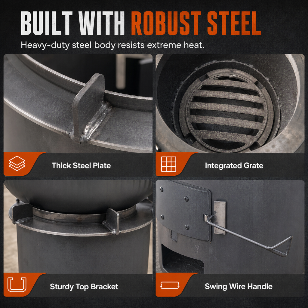 Heavy-Duty Portable Wood & Charcoal Camping Stove – High-Efficiency Bottom Draft Airflow for Smoke-Reduced Combustion, Thickened Anti-Warp Carbon Steel & Versatile 3-in-1 Boil Grill Simmer – Dual-Fuel
