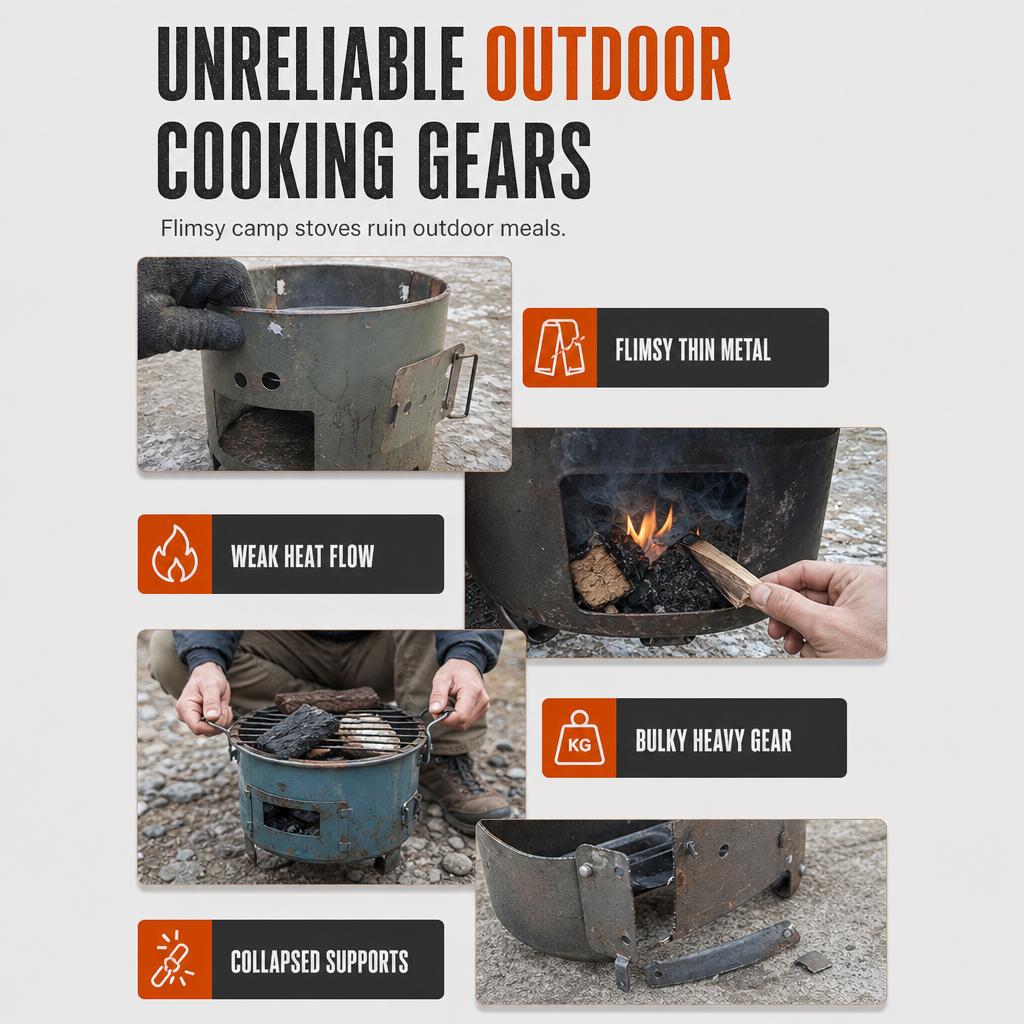 Heavy-Duty Portable Wood & Charcoal Camping Stove – High-Efficiency Bottom Draft Airflow for Smoke-Reduced Combustion, Thickened Anti-Warp Carbon Steel & Versatile 3-in-1 Boil Grill Simmer – Dual-Fuel