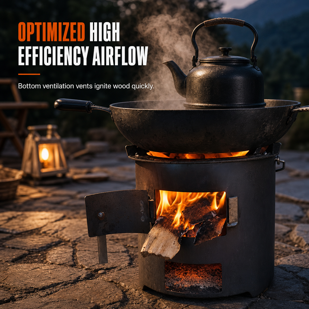 Heavy-Duty Portable Wood & Charcoal Camping Stove – High-Efficiency Bottom Draft Airflow for Smoke-Reduced Combustion, Thickened Anti-Warp Carbon Steel & Versatile 3-in-1 Boil Grill Simmer – Dual-Fuel