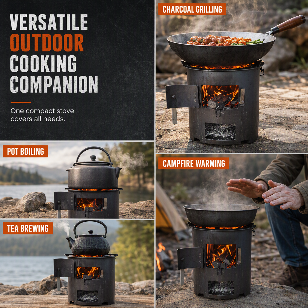 Heavy-Duty Portable Wood & Charcoal Camping Stove – High-Efficiency Bottom Draft Airflow for Smoke-Reduced Combustion, Thickened Anti-Warp Carbon Steel & Versatile 3-in-1 Boil Grill Simmer – Dual-Fuel