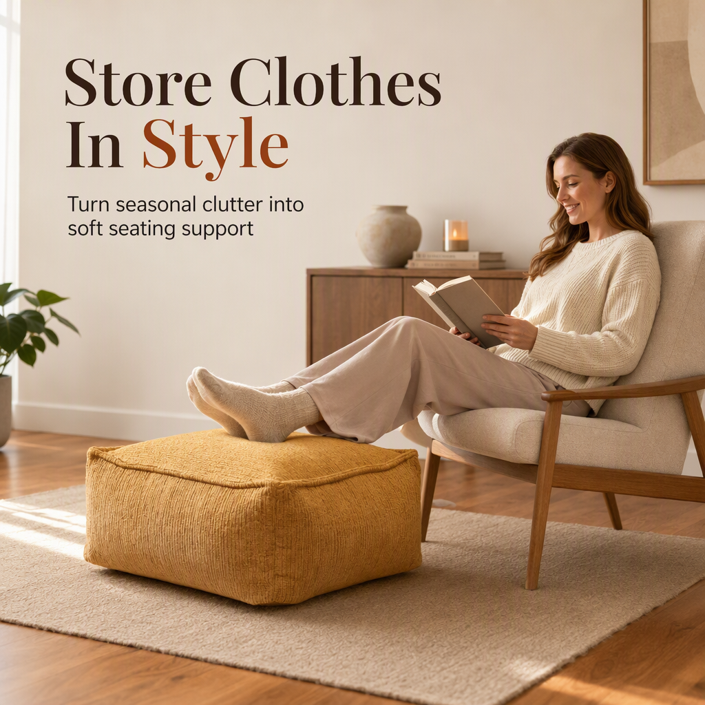 Storage Stool Cover: Fill with Clothes, Wide Zipper, Washable, 45x45x23cm