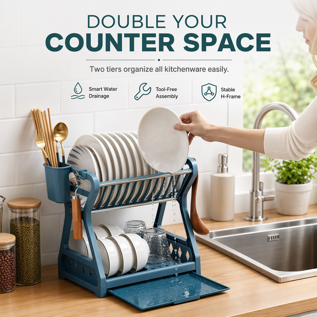 Multi-Layer Steel Dish Drying Rack – Vertical Storage, Drip Tray, Tool-Free Install