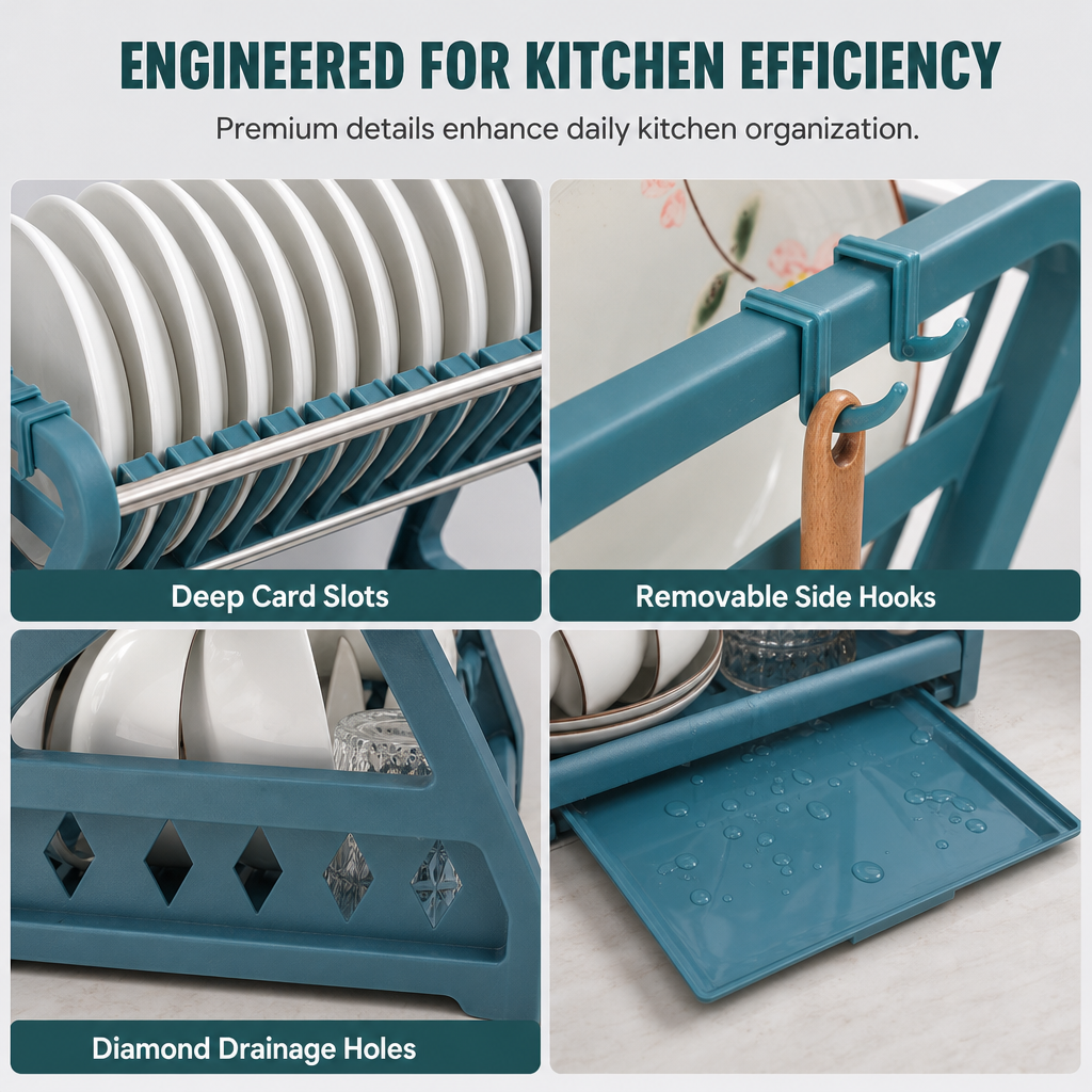 Multi-Layer Steel Dish Drying Rack – Vertical Storage, Drip Tray, Tool-Free Install
