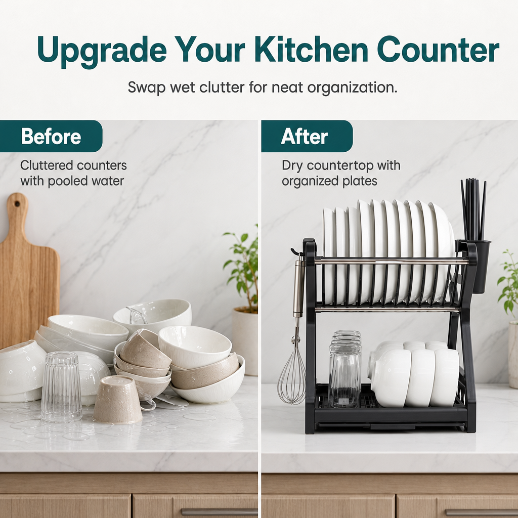 Multi-Layer Steel Dish Drying Rack – Vertical Storage, Drip Tray, Tool-Free Install