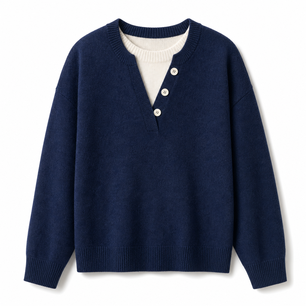 Mock Two-Piece V-Neck Knitted Sweater with Button Details