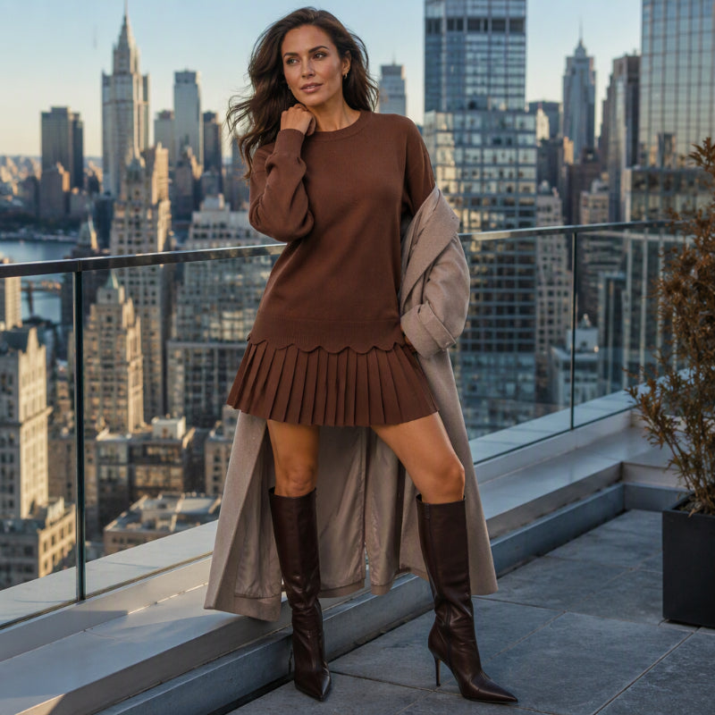 Women's Two-Piece Set with Scalloped Edge Sweater and Pleated Skirt
