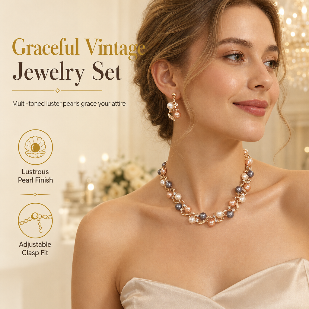 Vintage Floral Jewelry Set – Pearl Crystal Accent, Elegant, Long-Lasting Shine