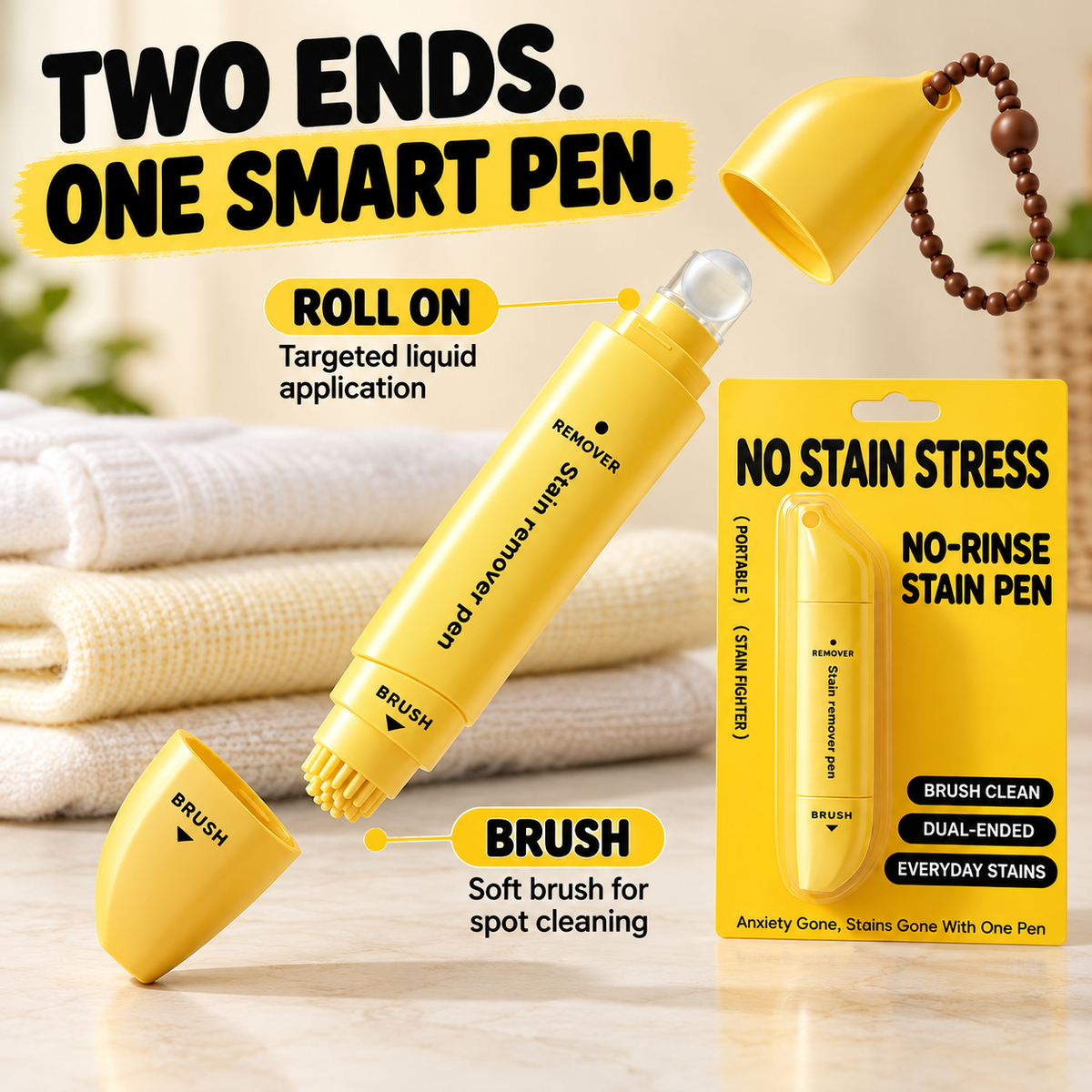 Portable Dual-Head Stain Removal Pen – Rollerball and Silicone Brush, Spot Cleaning & Water-Free – Perfect for Travel, Dinners and Everyday Use