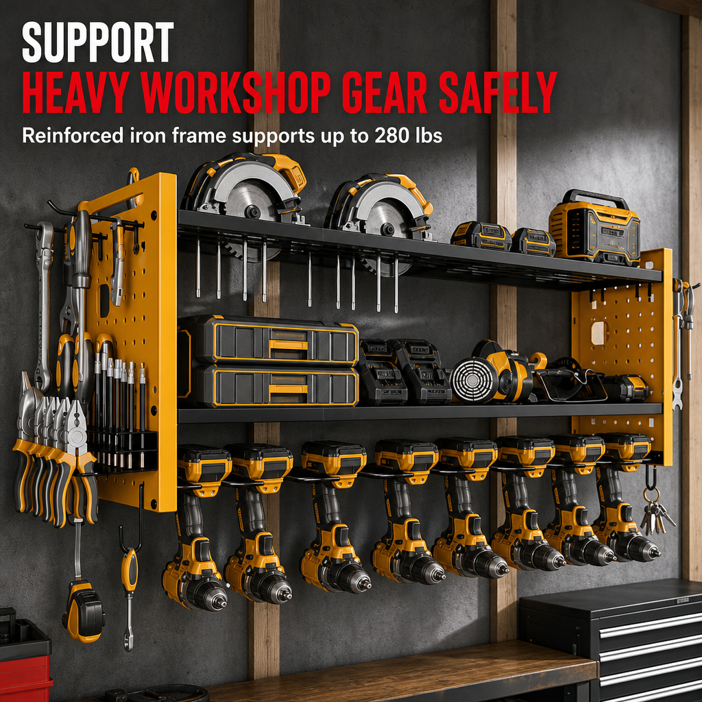 Wall Mounted Heavy Duty Iron Power Tool Organizer and Garage Drill Storage Rack
