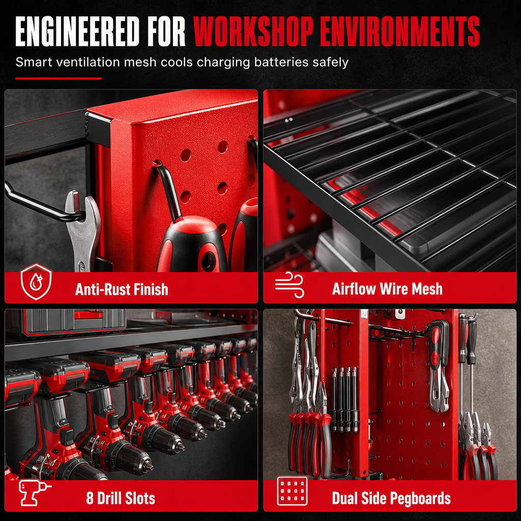 Wall Mounted Heavy Duty Iron Power Tool Organizer and Garage Drill Storage Rack