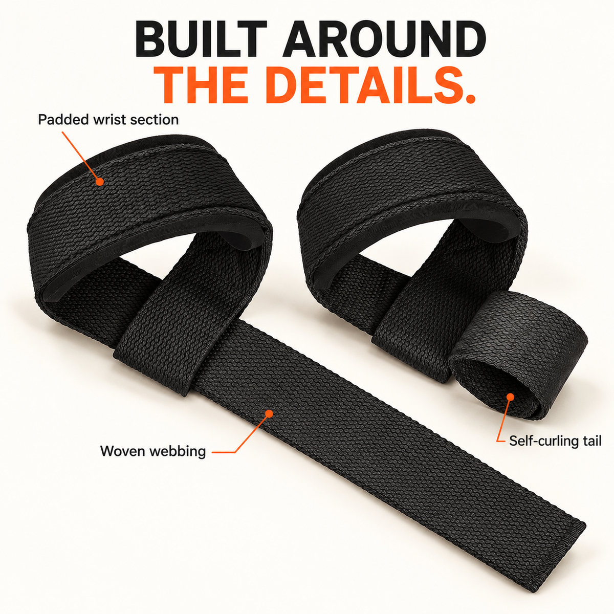 Self-Curling Lifting Straps — Padded Wrist Loops, 1 Pair