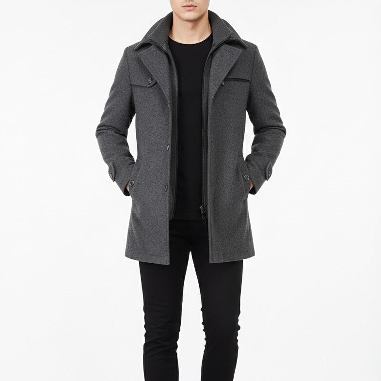Men's Wool Winter Coat – Stand-Collar Button-Front Overcoat with Zip Closure and Utility Pockets for Cold-Weather Wear