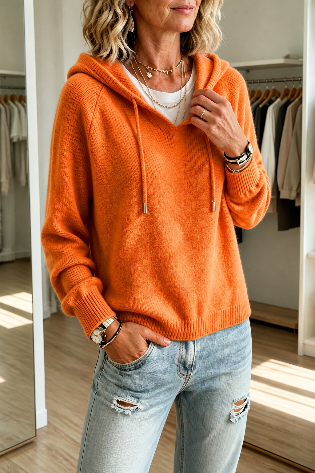 Drawstring Hood Knit Pullover