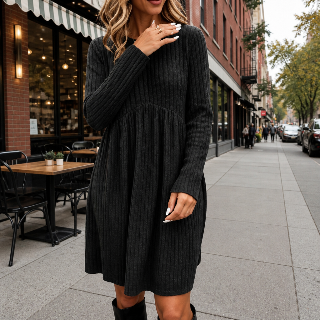 High-Waist Ribbed Knit A-Line Midi Dress