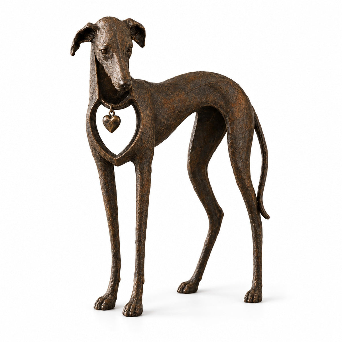 Greyhound Sculpture in Antique Brown Resin with Heart Charm – 22 cm