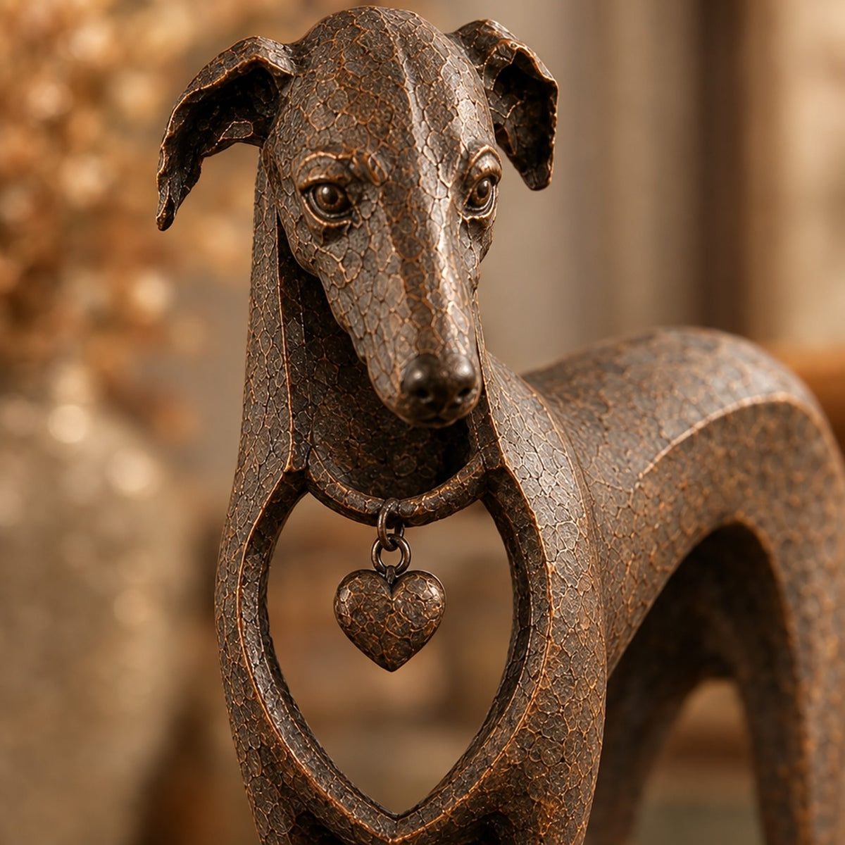 Greyhound Sculpture in Antique Brown Resin with Heart Charm – 22 cm