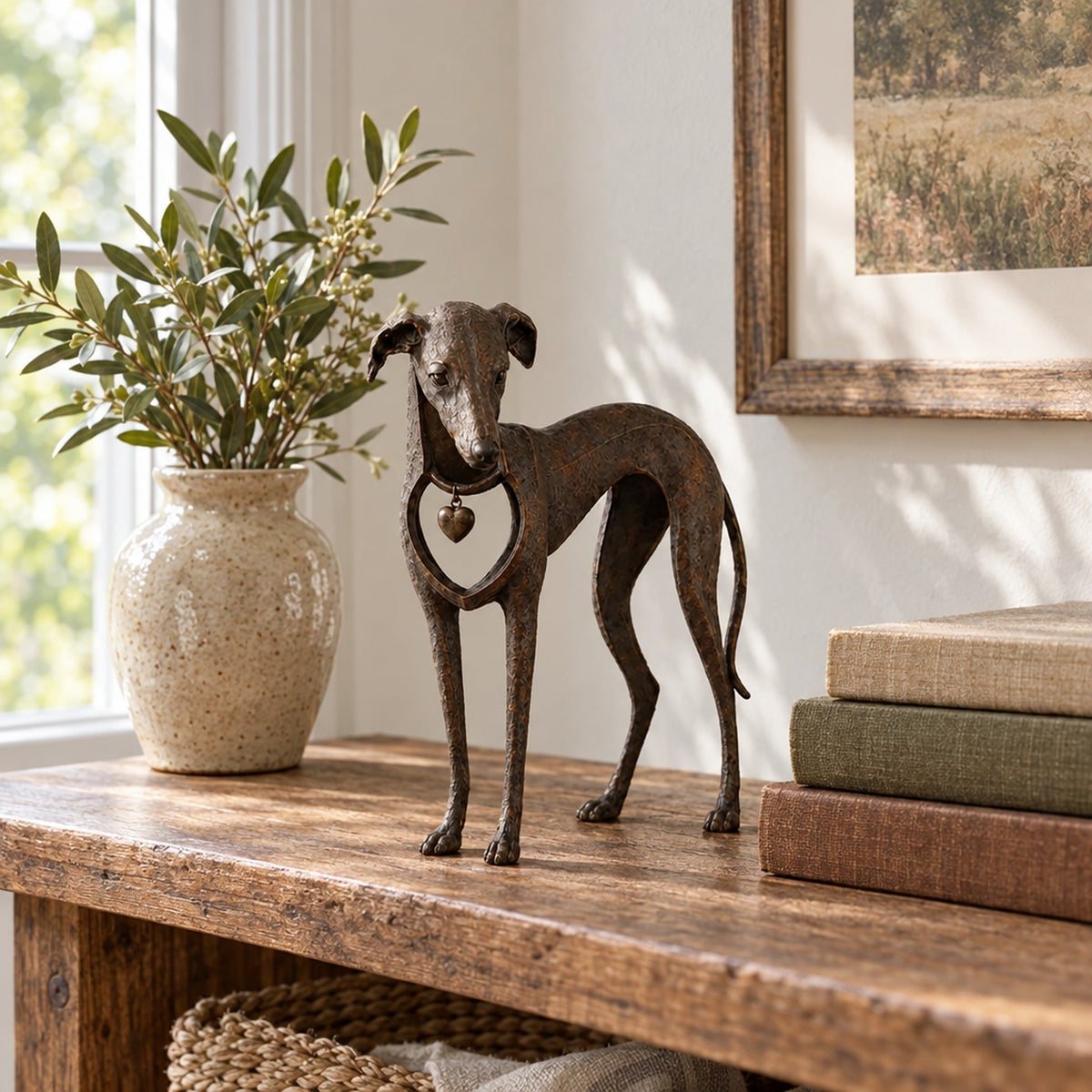 Greyhound Sculpture in Antique Brown Resin with Heart Charm – 22 cm