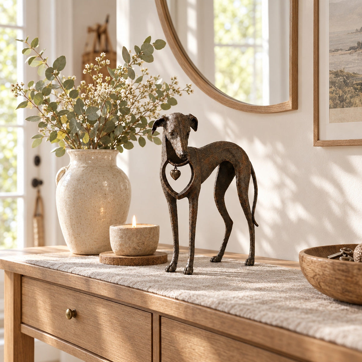Greyhound Sculpture in Antique Brown Resin with Heart Charm – 22 cm