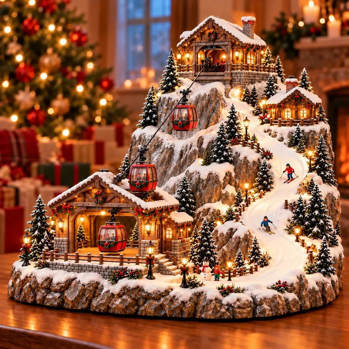 Christmas Village Mountain with Moving Cable Car and Ski Slope, Illuminated Winter Scene