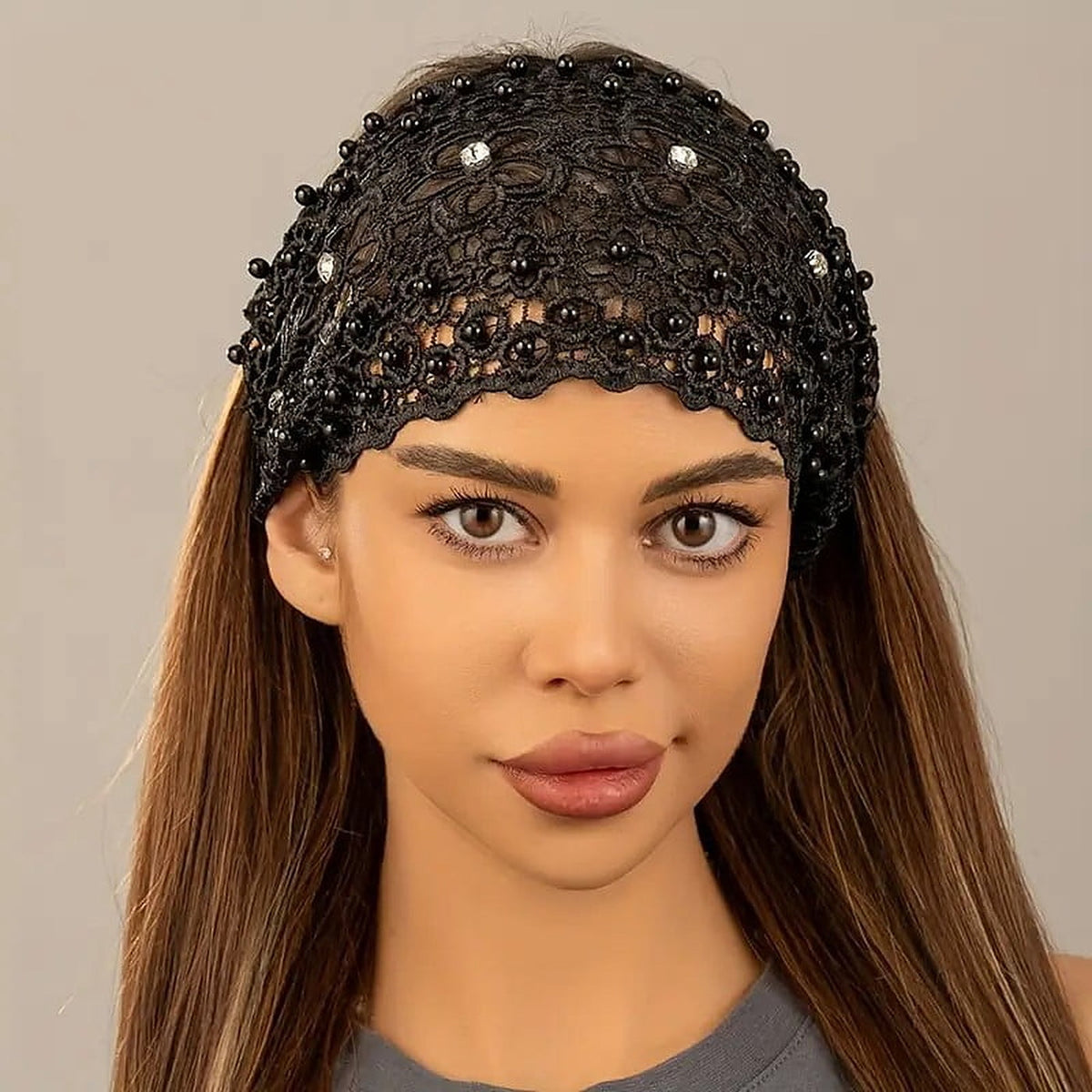 4-Pack: Wide Crochet Lace Headbands with Pearls and Rhinestones